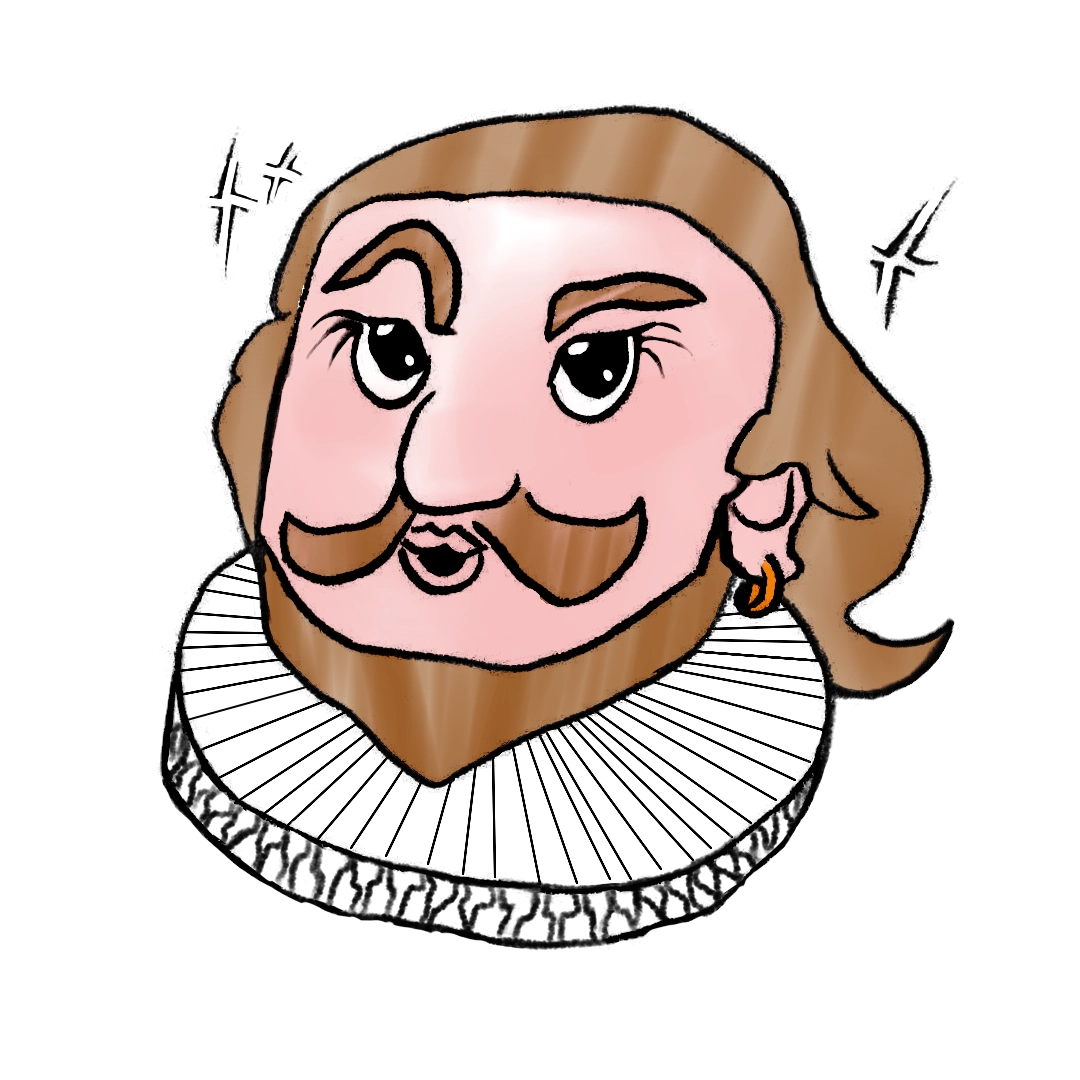 A flamboyant cartoon playwright character