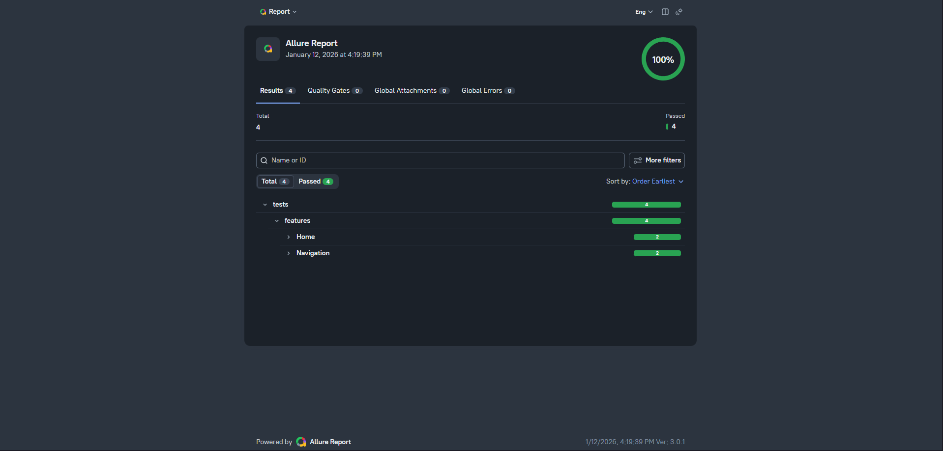 screenshot of generated report with Allure Report